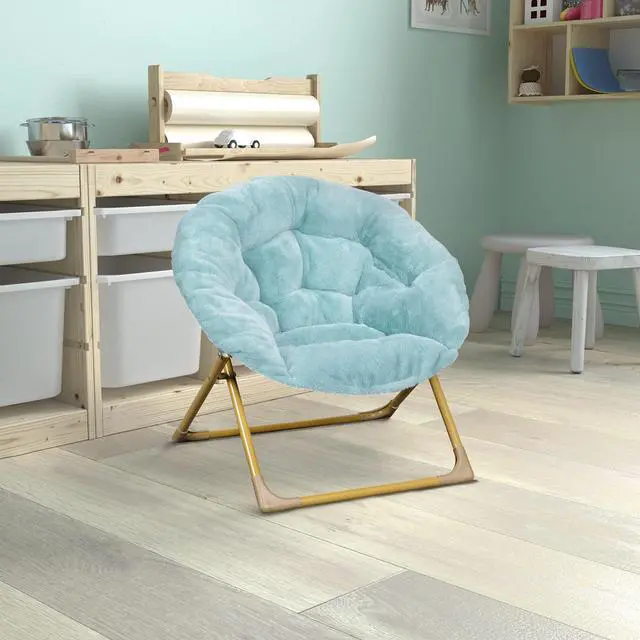 Alt view image 2 of 20 - Gwen 23" Kids Cozy Mini Folding Saucer Chair, Faux Fur Moon Chair for Toddlers and Bedroom, Dusty Aqua/Soft Gold