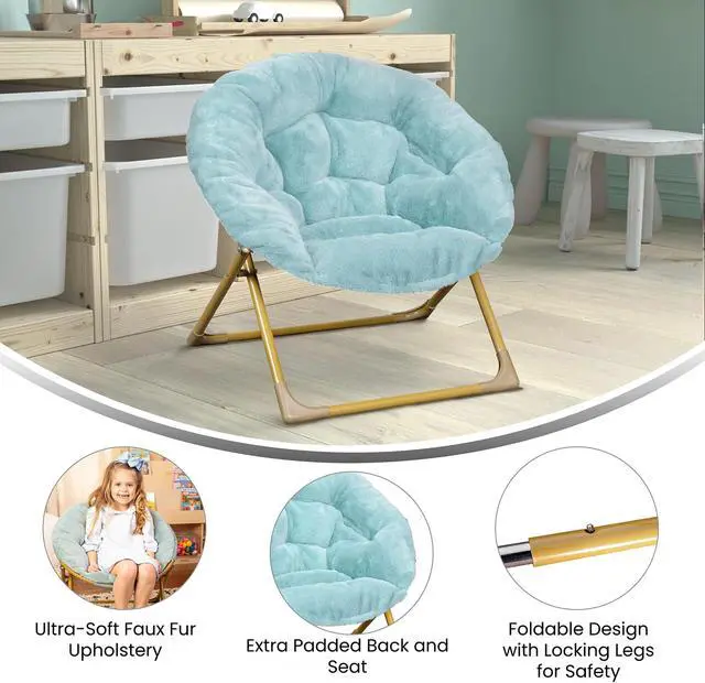 Alt view image 5 of 20 - Gwen 23" Kids Cozy Mini Folding Saucer Chair, Faux Fur Moon Chair for Toddlers and Bedroom, Dusty Aqua/Soft Gold