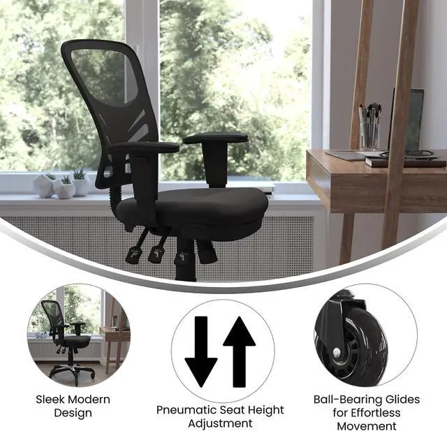 Alt view image 3 of 20 - Nicholas Mid-Back Black Mesh Multifunction Executive Ergonomic Office Chair with Adjustable Arms, Transparent Roller Wheels, and White Frame