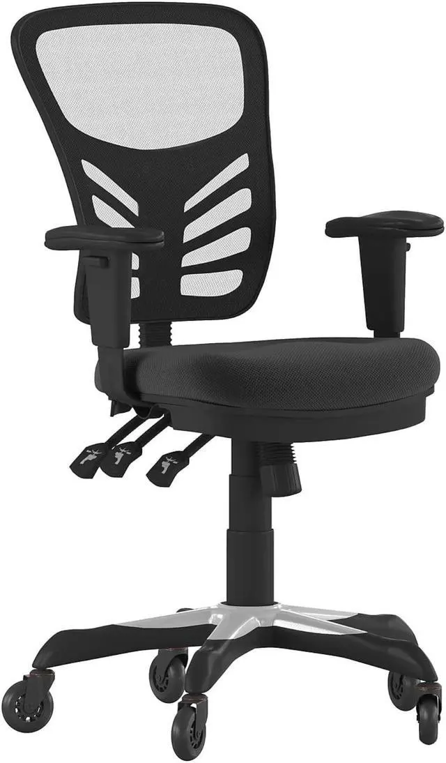 Alt view image 6 of 20 - Nicholas Mid-Back Black Mesh Multifunction Executive Ergonomic Office Chair with Adjustable Arms, Transparent Roller Wheels, and White Frame