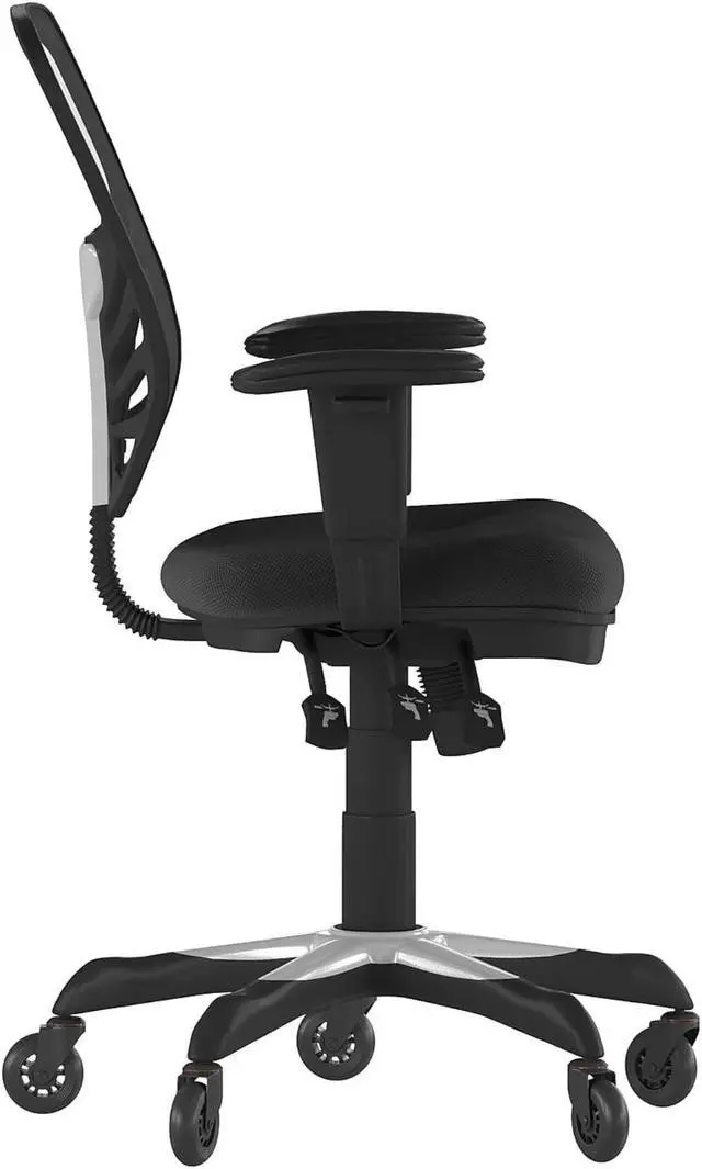 Alt view image 5 of 20 - Nicholas Mid-Back Black Mesh Multifunction Executive Ergonomic Office Chair with Adjustable Arms, Transparent Roller Wheels, and White Frame
