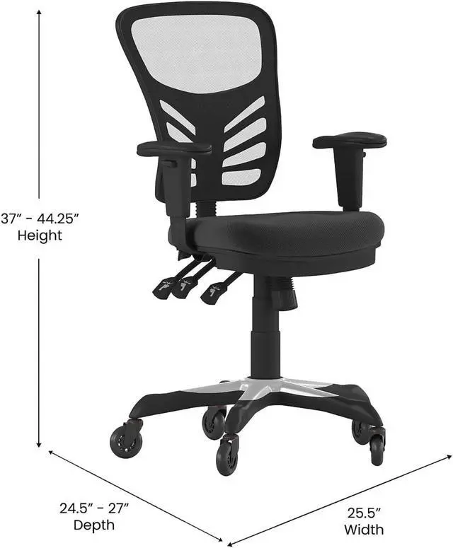 Alt view image 4 of 20 - Nicholas Mid-Back Black Mesh Multifunction Executive Ergonomic Office Chair with Adjustable Arms, Transparent Roller Wheels, and White Frame