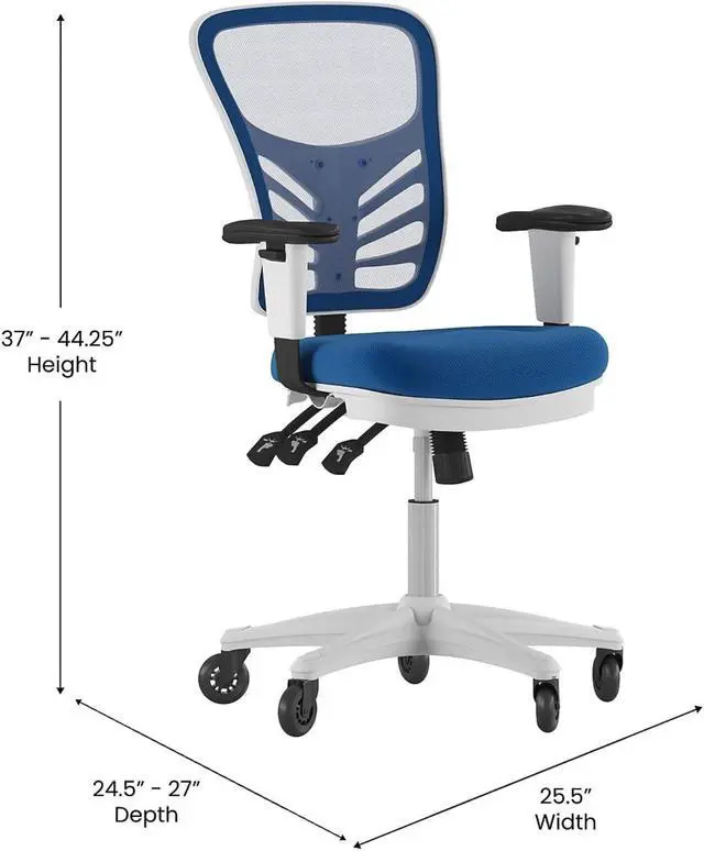 Alt view image 4 of 20 - Nicholas Mid-Back Blue Mesh Multifunction Executive Ergonomic Office Chair with Adjustable Arms, Transparent Roller Wheels, and White Frame