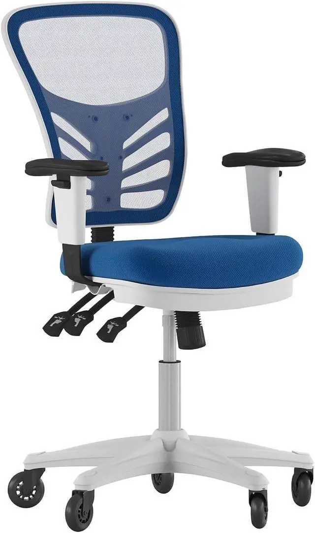 Alt view image 6 of 20 - Nicholas Mid-Back Blue Mesh Multifunction Executive Ergonomic Office Chair with Adjustable Arms, Transparent Roller Wheels, and White Frame