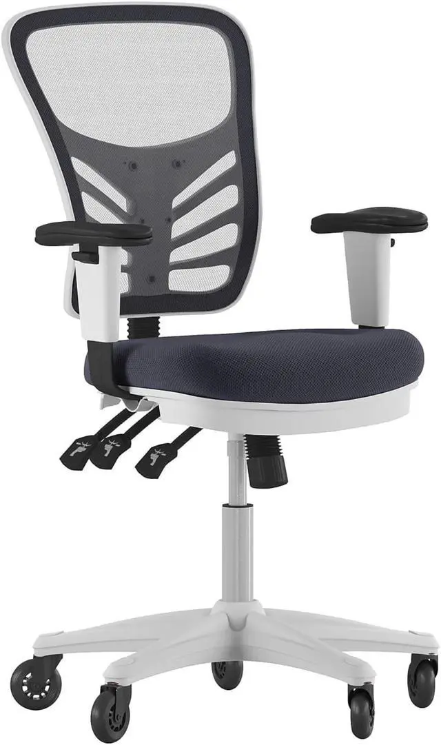 Main image of Nicholas Mid-Back Dark Gray Mesh Multifunction Executive Ergonomic Chair with Adjustable Arms, Transparent Roller Wheels, and White Frame