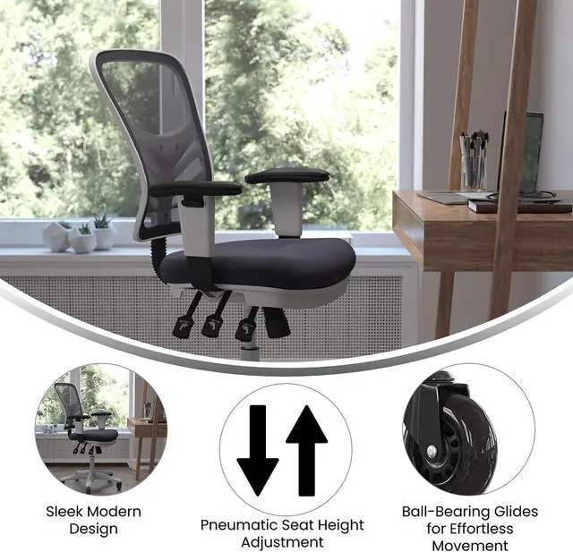 Alt view image 3 of 20 - Nicholas Mid-Back Dark Gray Mesh Multifunction Executive Ergonomic Chair with Adjustable Arms, Transparent Roller Wheels, and White Frame