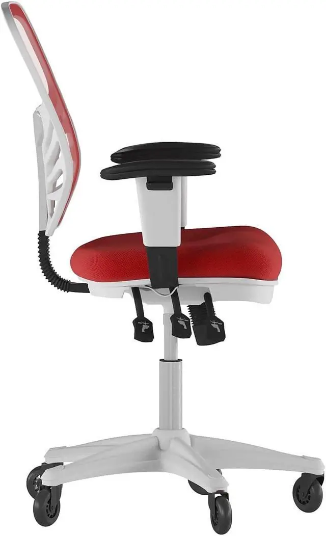 Alt view image 5 of 20 - Nicholas Mid-Back Red Mesh Multifunction Executive Ergonomic Office Chair with Adjustable Arms, Transparent Roller Wheels, and White Frame