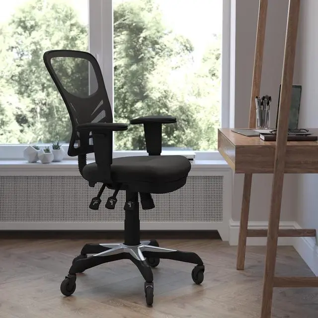 Alt view image 2 of 20 - Nicholas Mid-Back Yellow-Orange Mesh Multifunction Executive Swivel Ergonomic Office Chair with Adjustable Arms and Transparent Roller Wheels