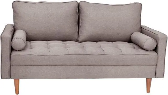 Main image of Hudson Mid-Century Modern Loveseat Sofa with Tufted Faux Linen Upholstery & Solid Wood Legs in Slate Gray