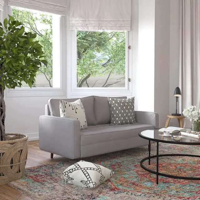 Alt view image 3 of 5 - Hudson Mid-Century Modern Loveseat Sofa with Tufted Faux Linen Upholstery & Solid Wood Legs in Slate Gray