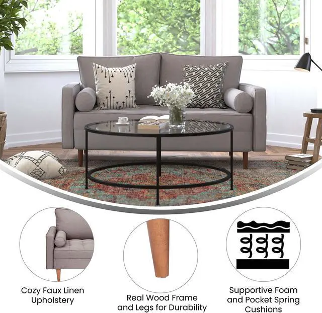 Alt view image 5 of 5 - Hudson Mid-Century Modern Loveseat Sofa with Tufted Faux Linen Upholstery & Solid Wood Legs in Slate Gray