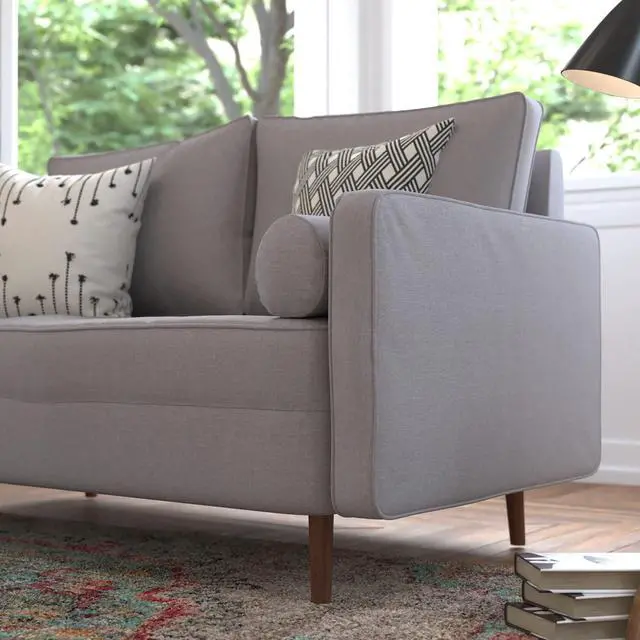 Alt view image 4 of 5 - Hudson Mid-Century Modern Loveseat Sofa with Tufted Faux Linen Upholstery & Solid Wood Legs in Slate Gray