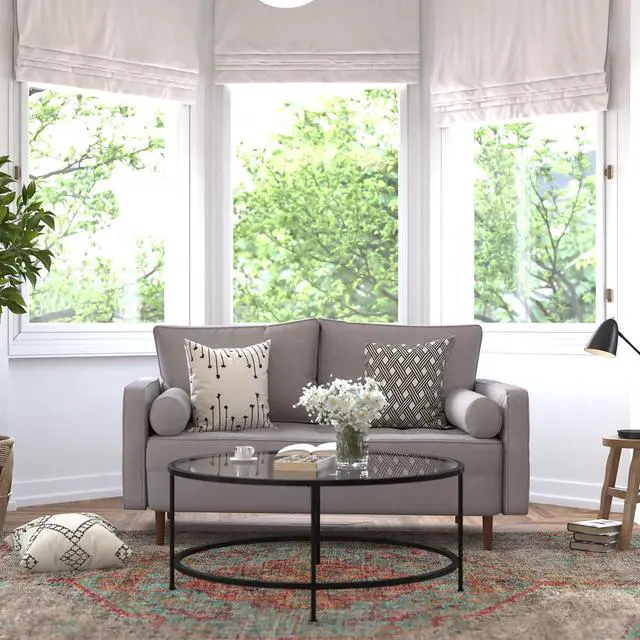 Alt view image 2 of 5 - Hudson Mid-Century Modern Loveseat Sofa with Tufted Faux Linen Upholstery & Solid Wood Legs in Slate Gray