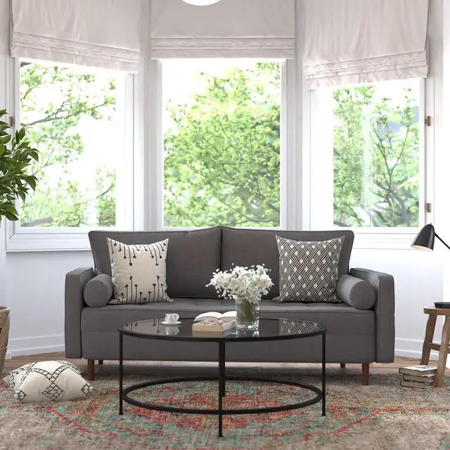 Alt view image 2 of 6 - Hudson Mid-Century Modern Sofa with Tufted Faux Linen Upholstery & Solid Wood Legs in Dark Gray