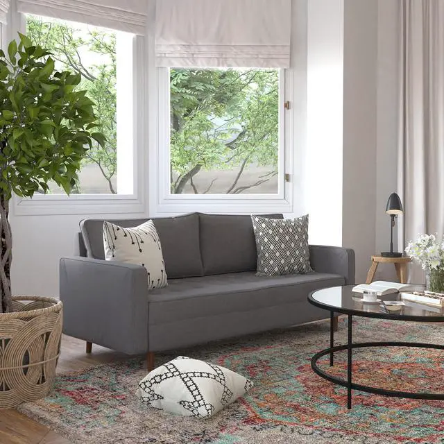 Alt view image 3 of 6 - Hudson Mid-Century Modern Sofa with Tufted Faux Linen Upholstery & Solid Wood Legs in Dark Gray