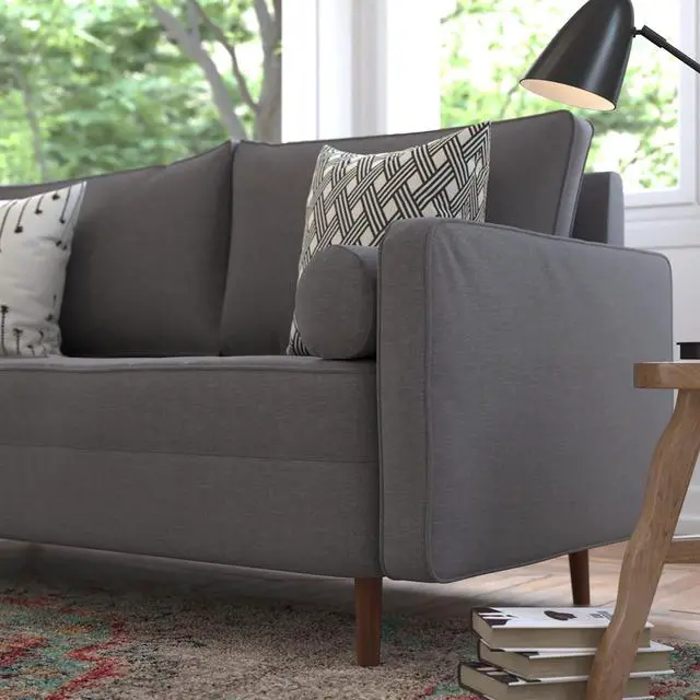 Alt view image 4 of 6 - Hudson Mid-Century Modern Sofa with Tufted Faux Linen Upholstery & Solid Wood Legs in Dark Gray