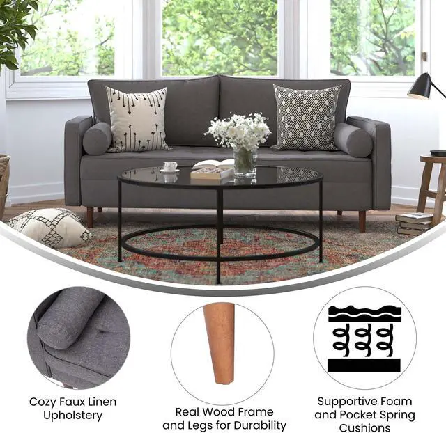 Alt view image 5 of 6 - Hudson Mid-Century Modern Sofa with Tufted Faux Linen Upholstery & Solid Wood Legs in Dark Gray