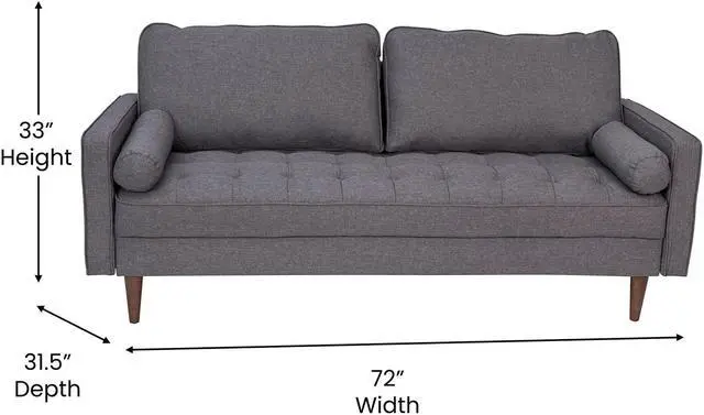 Alt view image 6 of 6 - Hudson Mid-Century Modern Sofa with Tufted Faux Linen Upholstery & Solid Wood Legs in Dark Gray