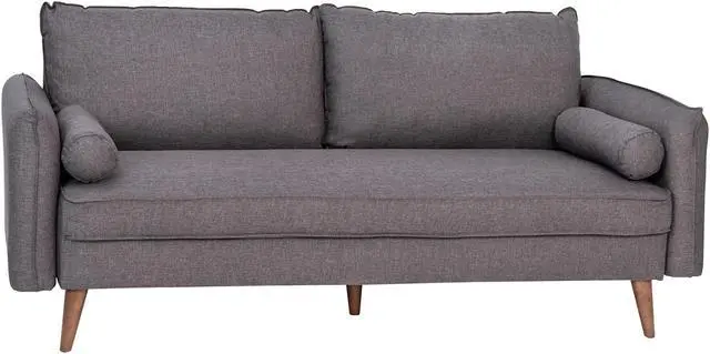 Main image of Evie Mid-Century Modern Sofa with Faux Linen Fabric Upholstery & Solid Wood Legs in Stone Gray