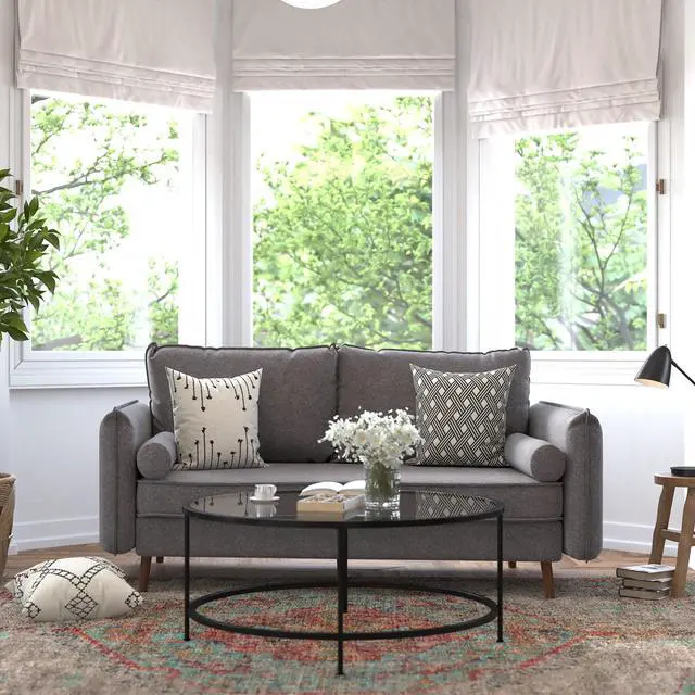 Alt view image 2 of 6 - Evie Mid-Century Modern Sofa with Faux Linen Fabric Upholstery & Solid Wood Legs in Stone Gray