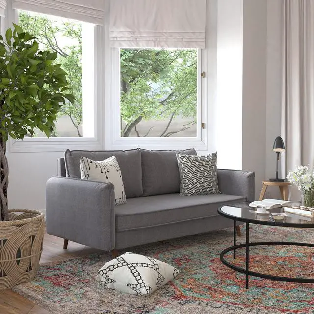 Alt view image 3 of 6 - Evie Mid-Century Modern Sofa with Faux Linen Fabric Upholstery & Solid Wood Legs in Stone Gray