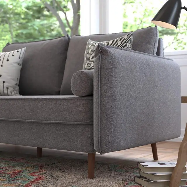 Alt view image 4 of 6 - Evie Mid-Century Modern Sofa with Faux Linen Fabric Upholstery & Solid Wood Legs in Stone Gray