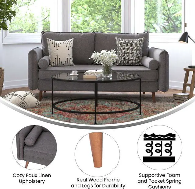 Alt view image 5 of 6 - Evie Mid-Century Modern Sofa with Faux Linen Fabric Upholstery & Solid Wood Legs in Stone Gray