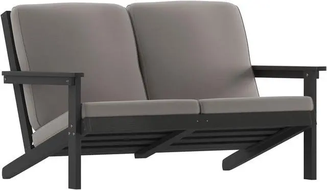 Main image of Charlestown All-Weather Poly Resin Wood Adirondack Style Deep Seat Patio Loveseat with Cushions, Black/Charcoal