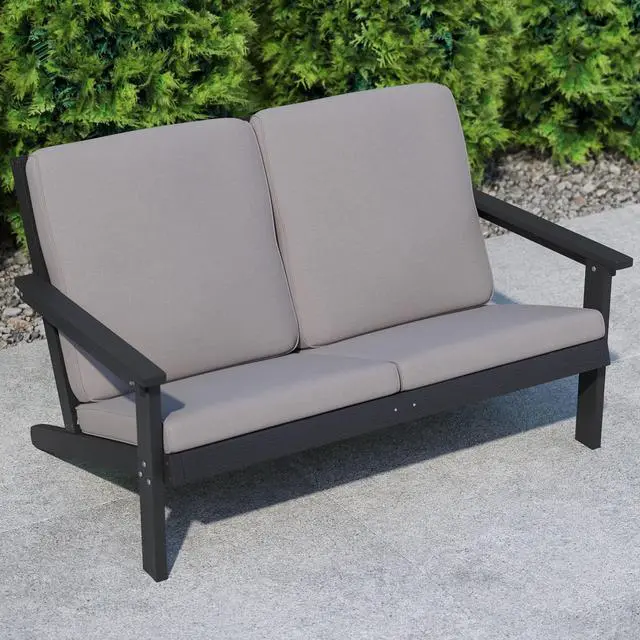 Alt view image 3 of 13 - Charlestown All-Weather Poly Resin Wood Adirondack Style Deep Seat Patio Loveseat with Cushions, Black/Charcoal