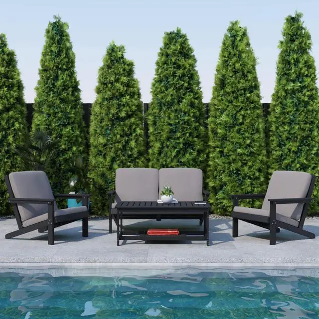 Alt view image 4 of 13 - Charlestown All-Weather Poly Resin Wood Adirondack Style Deep Seat Patio Loveseat with Cushions, Black/Charcoal