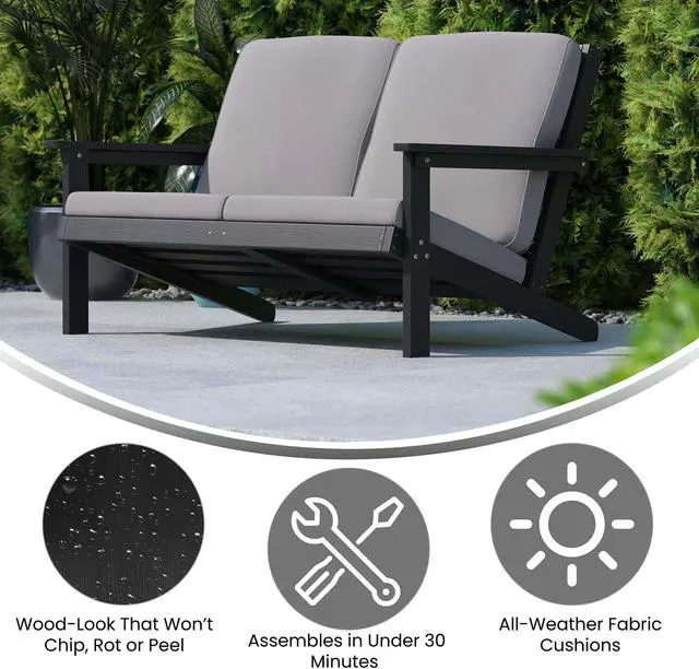 Alt view image 5 of 13 - Charlestown All-Weather Poly Resin Wood Adirondack Style Deep Seat Patio Loveseat with Cushions, Black/Charcoal