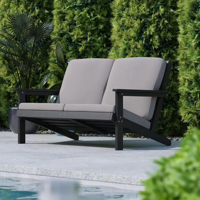 Alt view image 6 of 13 - Charlestown All-Weather Poly Resin Wood Adirondack Style Deep Seat Patio Loveseat with Cushions, Black/Charcoal