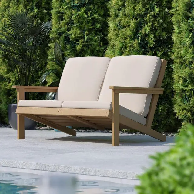 Alt view image 2 of 20 - Charlestown All-Weather Poly Resin Wood Adirondack Style Deep Seat Patio Loveseat with Cushions, Natural Cedar/Cream