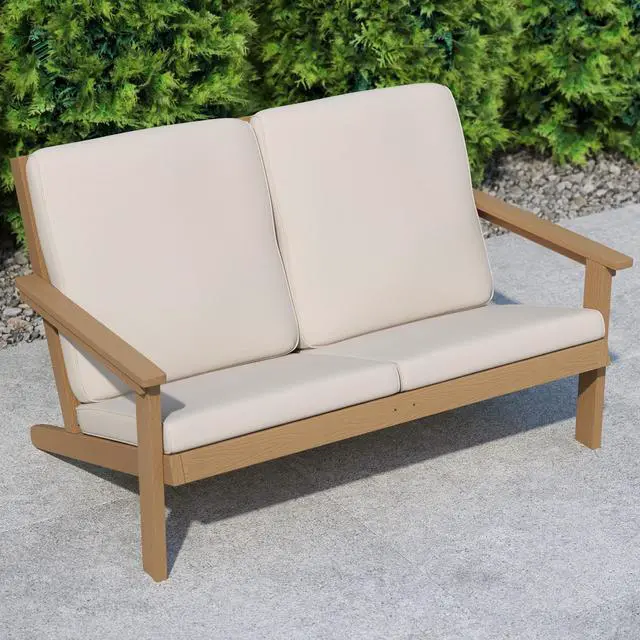 Alt view image 3 of 20 - Charlestown All-Weather Poly Resin Wood Adirondack Style Deep Seat Patio Loveseat with Cushions, Natural Cedar/Cream