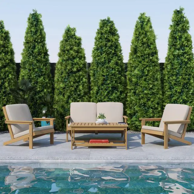 Alt view image 4 of 20 - Charlestown All-Weather Poly Resin Wood Adirondack Style Deep Seat Patio Loveseat with Cushions, Natural Cedar/Cream