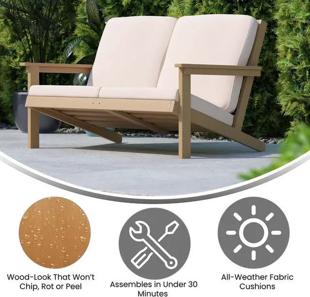 Alt view image 5 of 20 - Charlestown All-Weather Poly Resin Wood Adirondack Style Deep Seat Patio Loveseat with Cushions, Natural Cedar/Cream