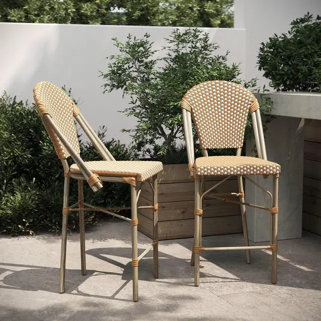 Alt view image 2 of 13 - Lourdes Set of 2 Stackable Indoor/Outdoor French Bistro 26" High Counter Height Stools, Commercial Grade, Natural/White and Light Natural Finish