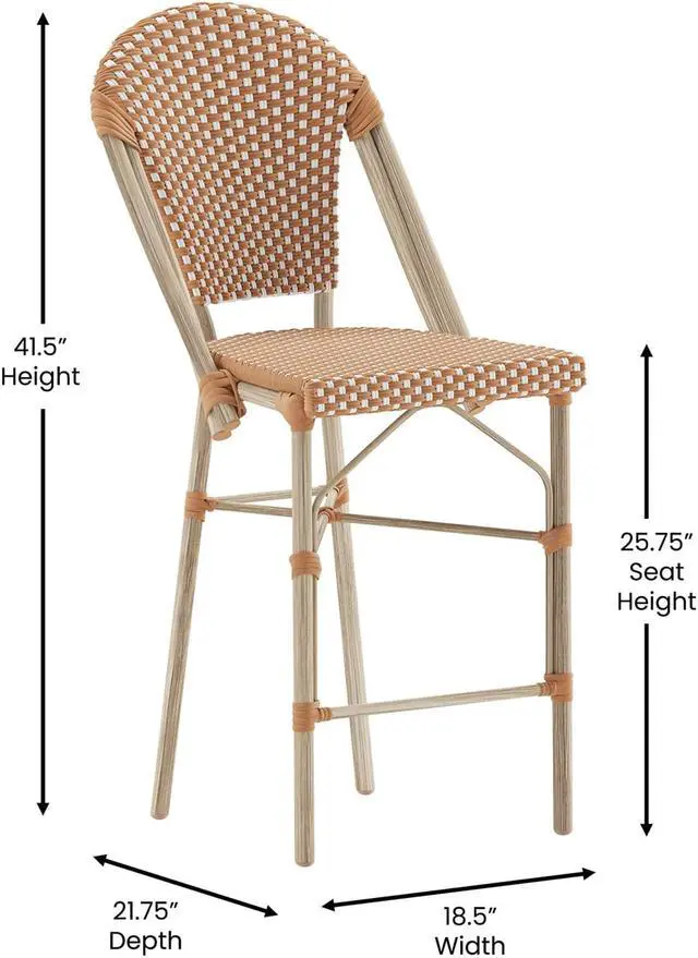 Alt view image 4 of 13 - Lourdes Set of 2 Stackable Indoor/Outdoor French Bistro 26" High Counter Height Stools, Commercial Grade, Natural/White and Light Natural Finish