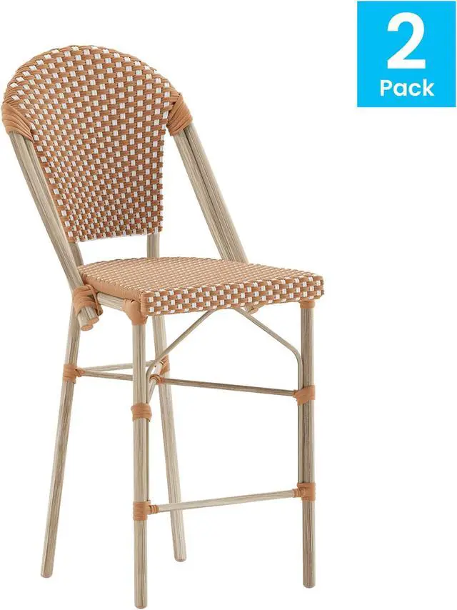 Main image of Lourdes Set of 2 Stackable Indoor/Outdoor French Bistro 26" High Counter Height Stools, Commercial Grade, Natural/White and Light Natural Finish
