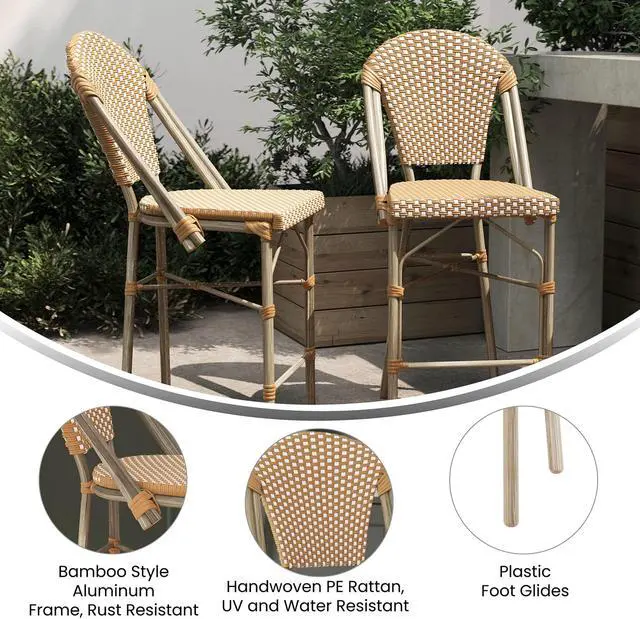Alt view image 5 of 13 - Lourdes Set of 2 Stackable Indoor/Outdoor French Bistro 26" High Counter Height Stools, Commercial Grade, Natural/White and Light Natural Finish