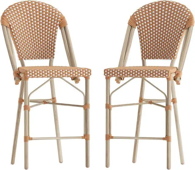 Alt view image 3 of 13 - Lourdes Set of 2 Stackable Indoor/Outdoor French Bistro 26" High Counter Height Stools, Commercial Grade, Natural/White and Light Natural Finish