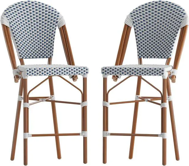Alt view image 3 of 13 - Lourdes Set of 2 Stackable Indoor/Outdoor French Bistro 26" High Counter Height Stools, Commercial Grade, White/Navy and Bamboo Finish