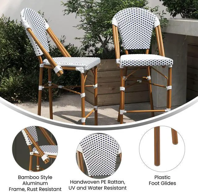 Alt view image 5 of 13 - Lourdes Set of 2 Stackable Indoor/Outdoor French Bistro 26" High Counter Height Stools, Commercial Grade, White/Navy and Bamboo Finish