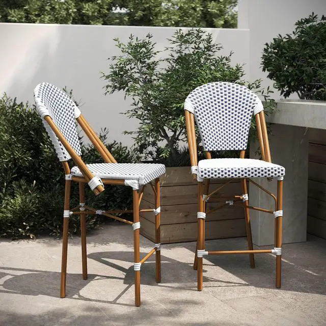 Alt view image 6 of 13 - Lourdes Set of 2 Stackable Indoor/Outdoor French Bistro 26" High Counter Height Stools, Commercial Grade, White/Navy and Bamboo Finish