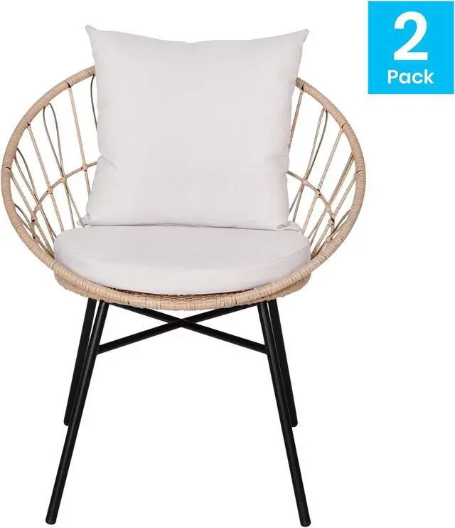 Main image of Devon Set of 2 Indoor/Outdoor Modern Papasan Patio Chairs, Rope with Tan Finish PE Wicker Rattan and Light Gray Cushions