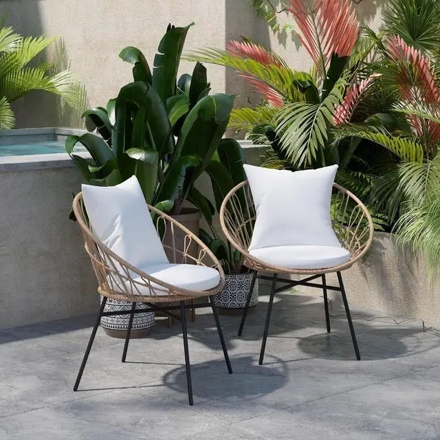 Alt view image 3 of 13 - Devon Set of 2 Indoor/Outdoor Modern Papasan Patio Chairs, Rope with Tan Finish PE Wicker Rattan and Light Gray Cushions