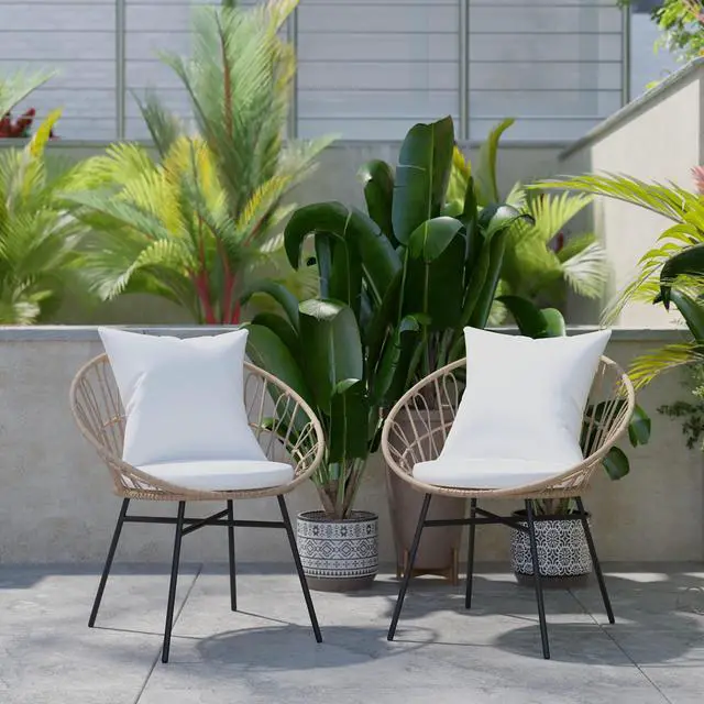 Alt view image 6 of 13 - Devon Set of 2 Indoor/Outdoor Modern Papasan Patio Chairs, Rope with Tan Finish PE Wicker Rattan and Light Gray Cushions