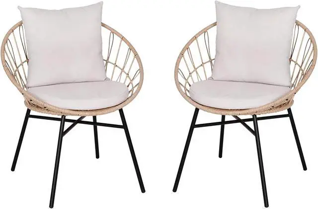 Alt view image 5 of 13 - Devon Set of 2 Indoor/Outdoor Modern Papasan Patio Chairs, Rope with Tan Finish PE Wicker Rattan and Light Gray Cushions