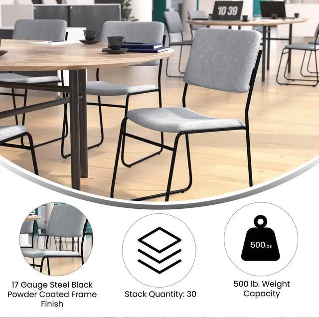 Alt view image 4 of 20 - HERCULES Series 500 lb. Capacity High Density Gray Fabric Stacking Chair with Sled Base