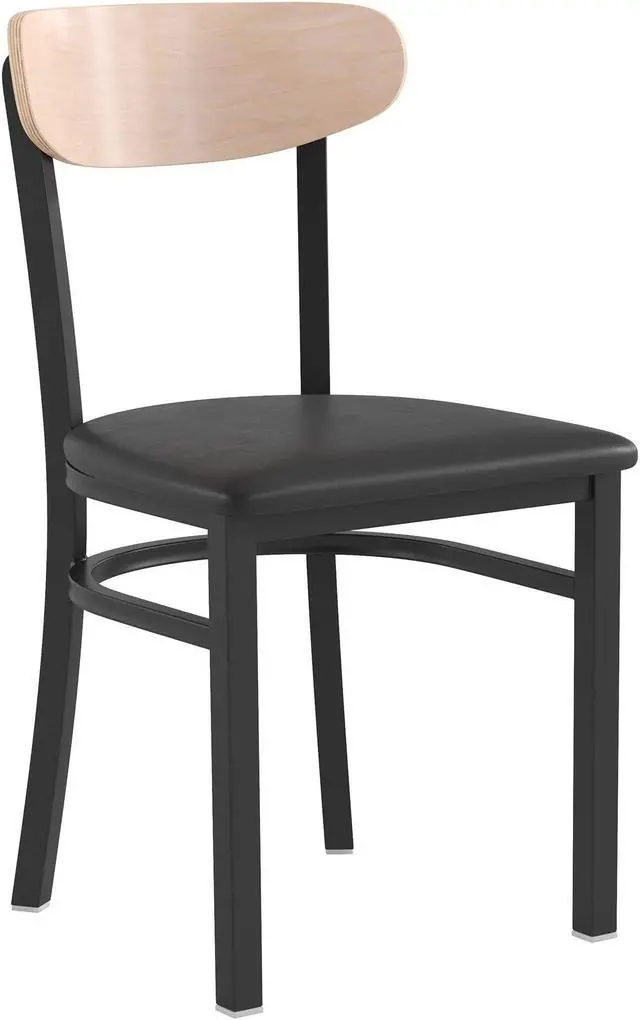 Alt view image 2 of 20 - Wright Commercial Dining Chair with 500 LB. Capacity Black Steel Frame, Natural Birch Finish Wooden Boomerang Back, and Black Vinyl Seat